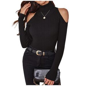 Cold Shoulder Sweater High Neck Long Sleeve Pullover, Large, 10H-189T002